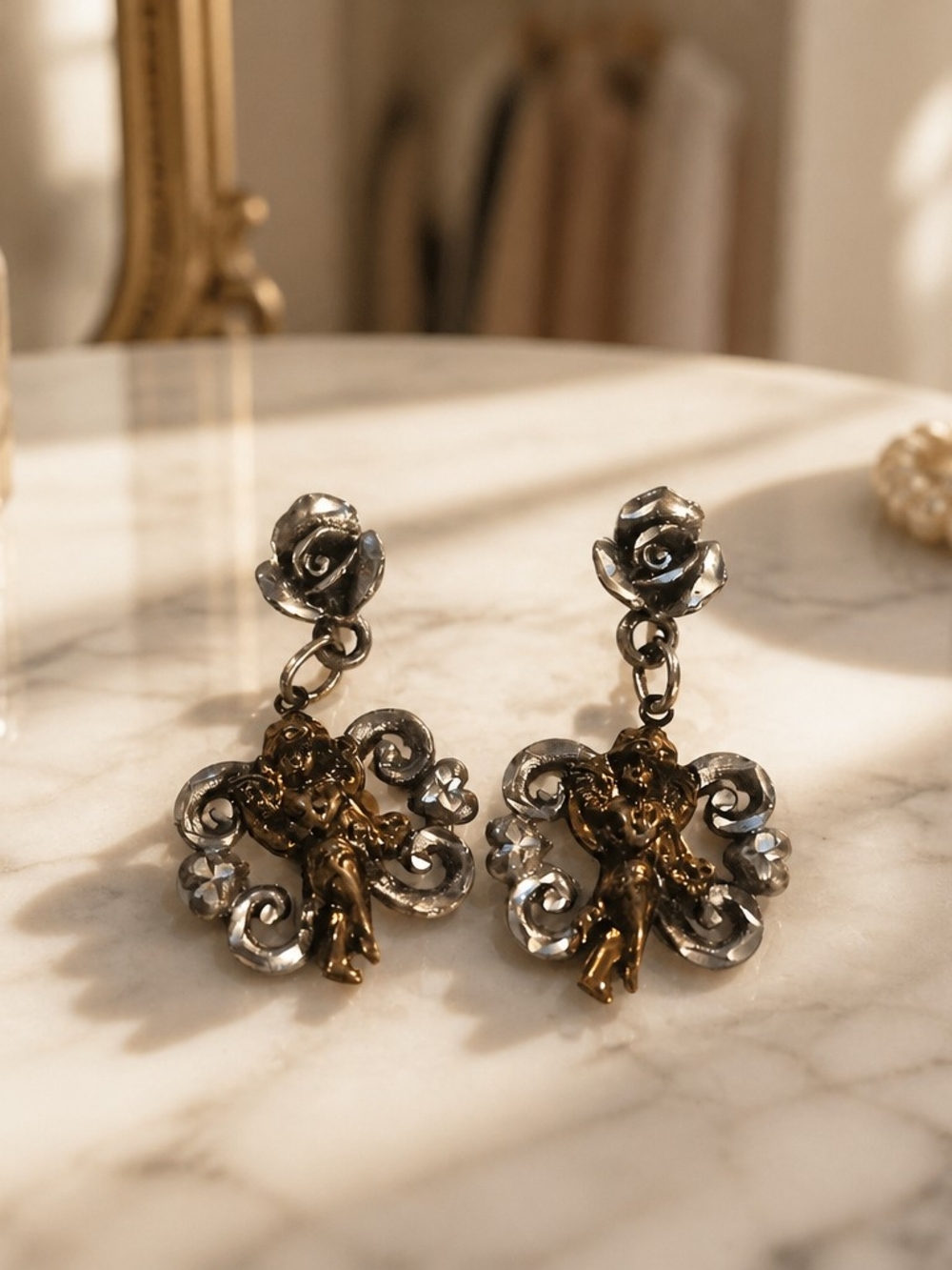 1996 EJC angel earrings pierced gold and silver tone metal stamped vintage - Picture 3 of 4